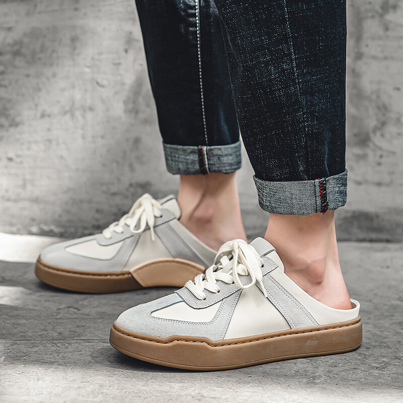 Closed Toe Semi Slippers Men's Outer Wear Summer New German Training Genuine Leather Heel-Free Slip-on Platform Loafers