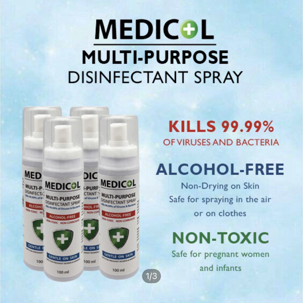 【Non alcohol】MEDICOL Hand Sanitiser Disinfectant Spray (100ml x 4) | Travel Size Hand Sanitizer | Alcohol Free l | Non Toxic | Safe on flight