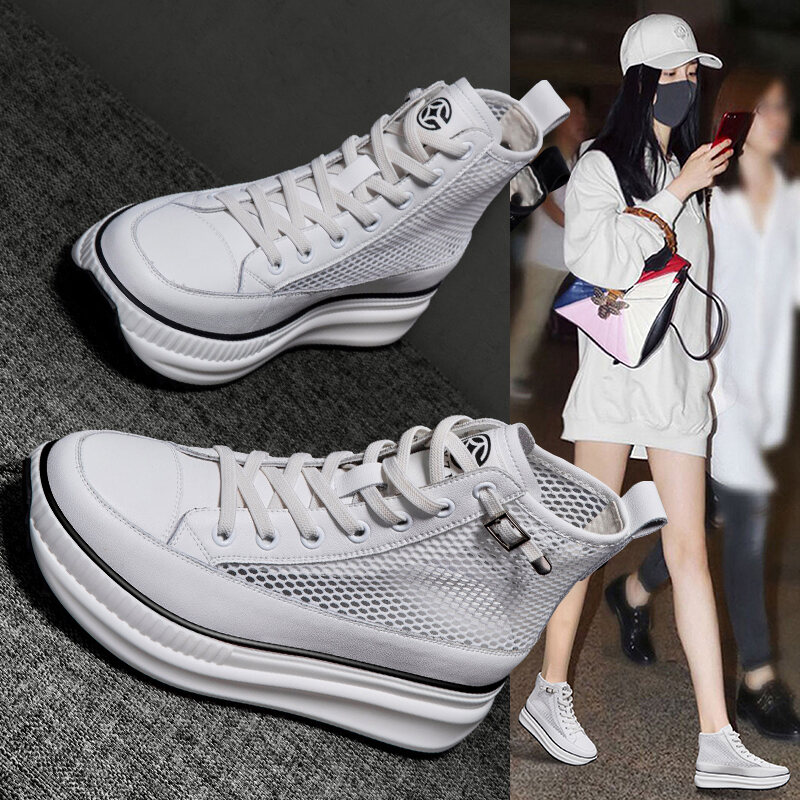 Same Style as Stars Genuine Leather Mesh Single-Layer Shoes 2022summer New Muffin Thick Bottom Elevator High-Top Casual Women's Shoes