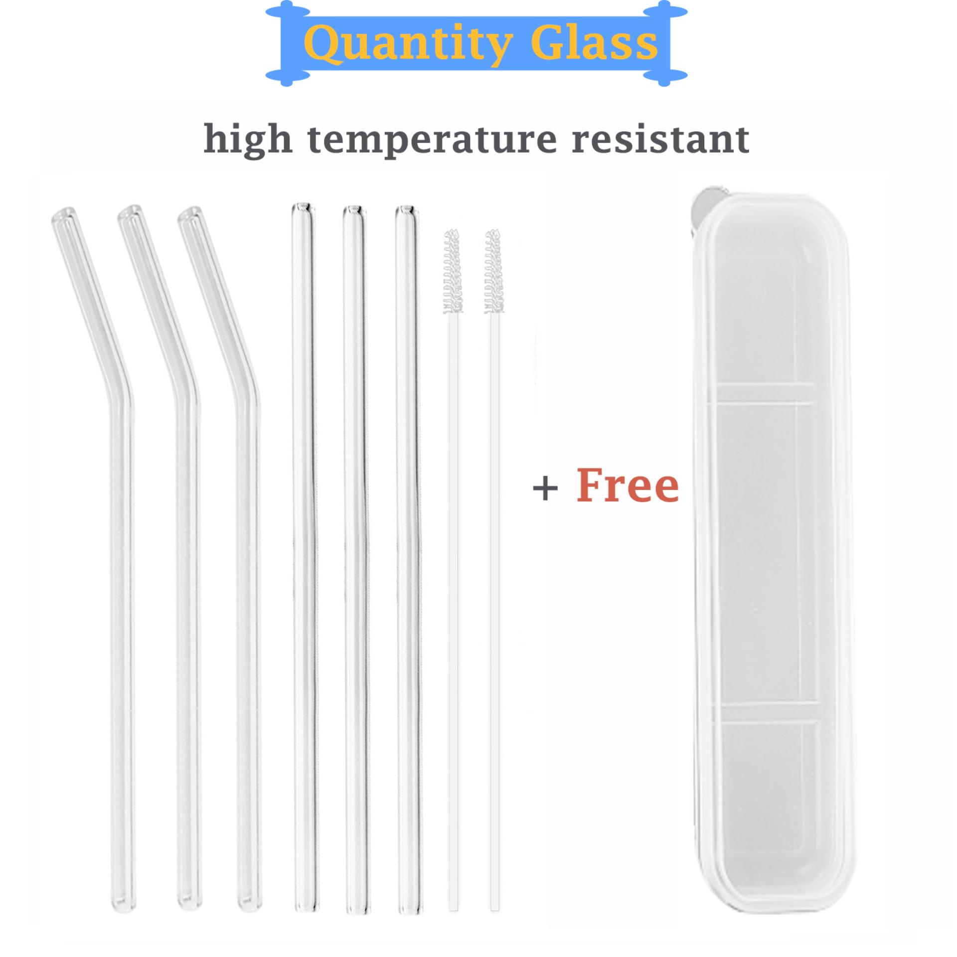 3pcs Reusable Clear Straight Drinking Glass Straws + 3pcs Bent Straws + 2pcs Cleaning Brush + Storage Box for Cold Bevarage Cocktail Coffee 180 x 8 mm