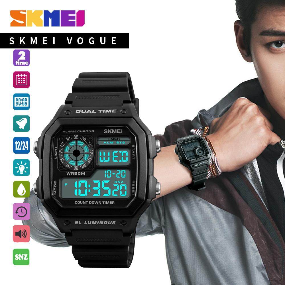 SKMEI 1299 Men Fashion Watch Sports Wristwatch Dual Time Countdown Stopwatch Alarm Snooze Hourly Chime Auto Calendar EL Backlight 50m Water Resistant