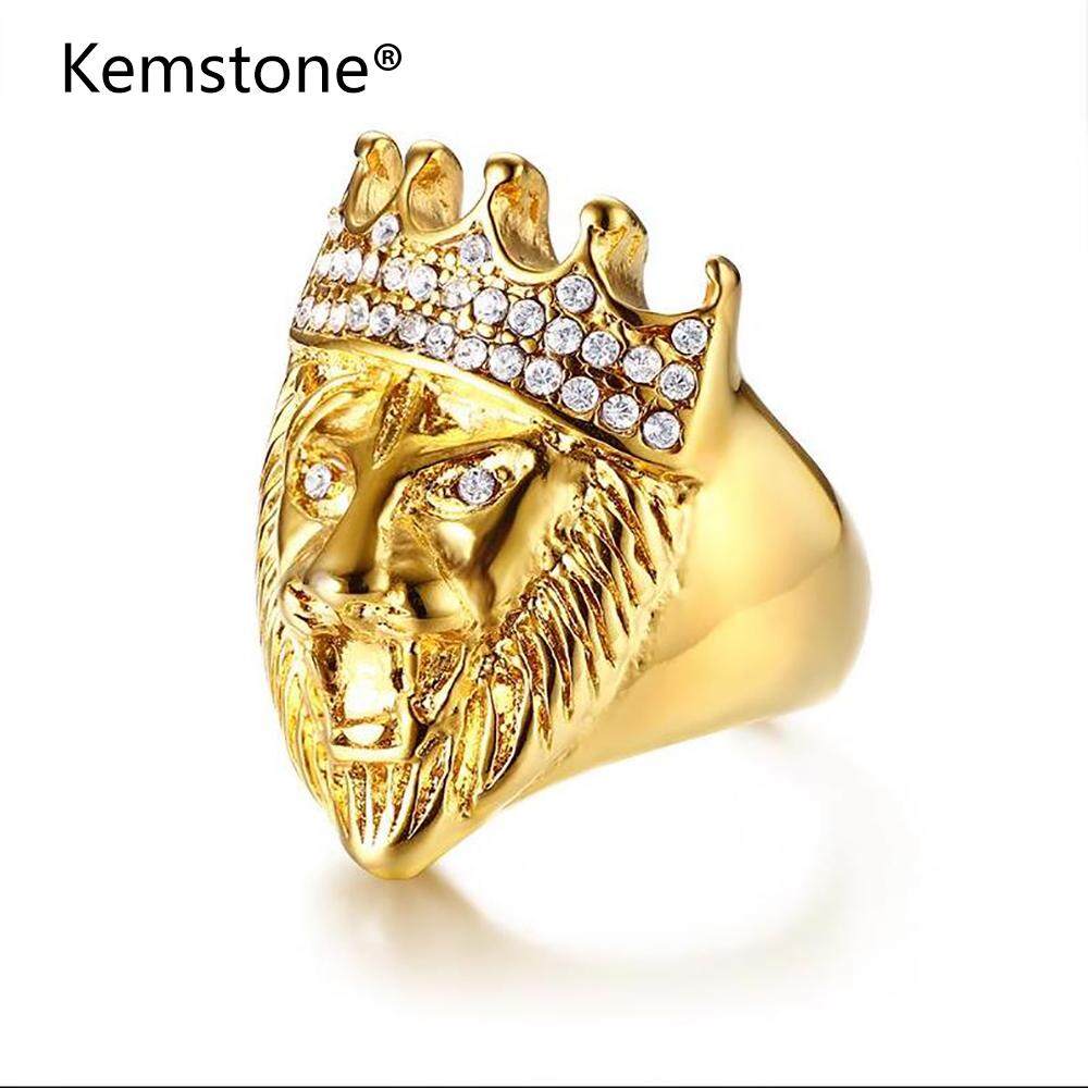 Kemstone Stainless Steel  Crystal Gold Plated Crown Lion Ring For Men