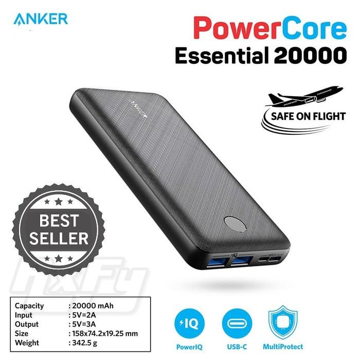 Anker PowerCore Essential 20000 mAh Power Bank Portable Charger, with PowerIQ Technology and USB-C (Input Only), High-Capacity External Battery Pack Compatible with iPhone, Samsung, iPad