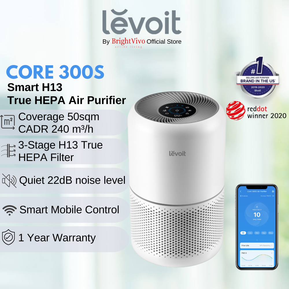 Levoit Core 300S Smart WiFi Air Purifier, H13 True HEPA filtration, Red Dot 2020 Winner, Upgraded Core 300 features with PM2.5 Display Monitor, Remove airborne particles, dust, smoke and unpleasant od