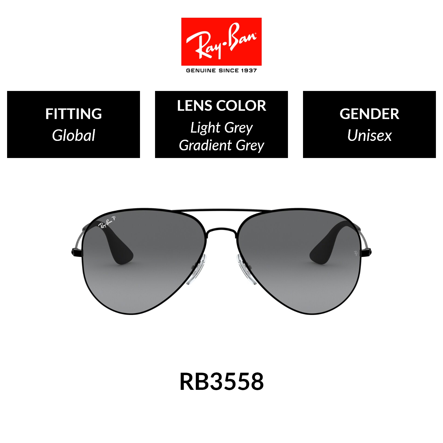 Ray-Ban PILOT  RB3558 002/T3  Unisex Global Fitting  POLARIZED Sunglasses  Size 58mm