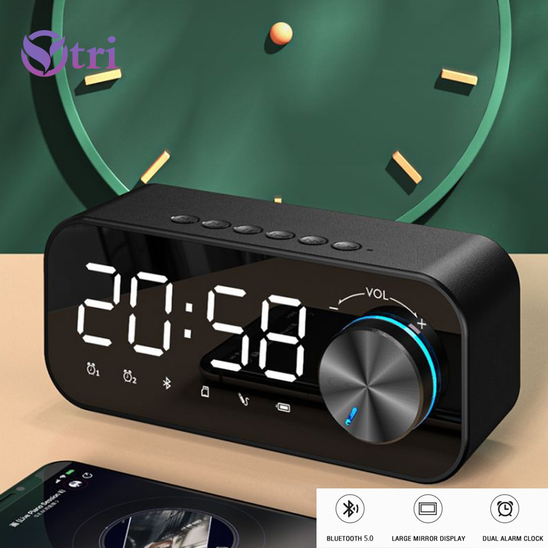 Ytri Multifunction Mirror Alarm Clock Bluetooth Speaker With Radio LED Mirror Wireless Subwoofer Music Player Table Clock with Dual Alarm Mode