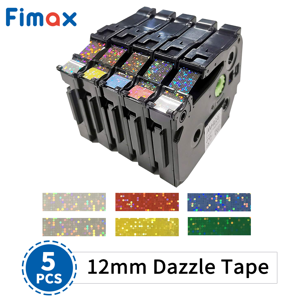 Fimax 5PCS 12mm Colorful Dazzle Compatible Label Tape Replace for Tze Brother P touch Label Maker Printer PTD210 / PTD400 / PTD400AD / PT200 / D200 / H100