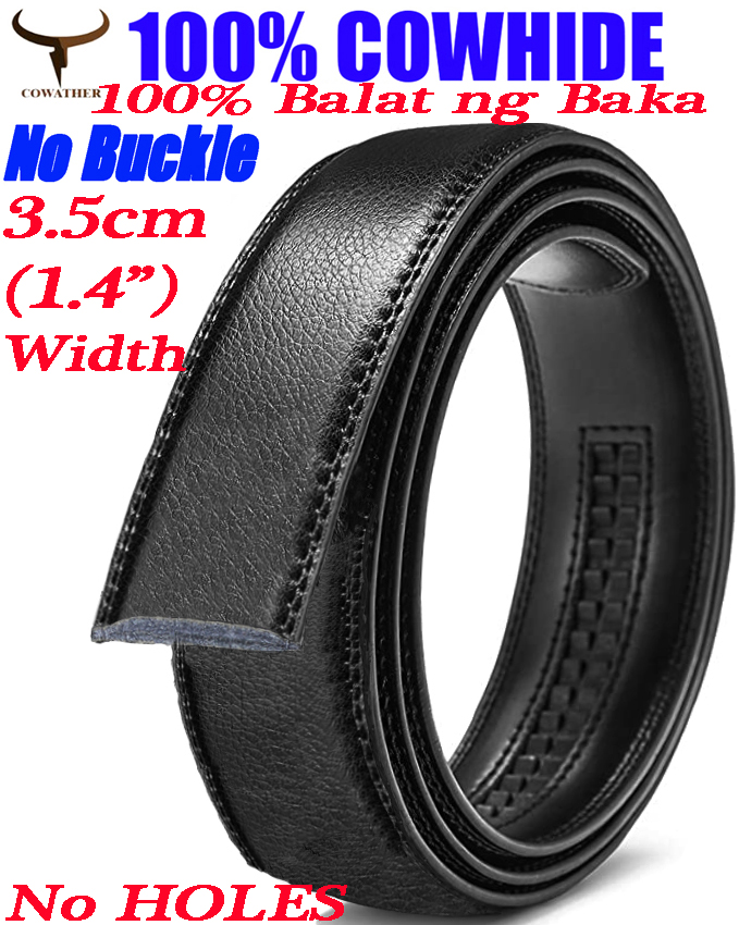 COWATHER Men Ratchet 3.5cm Wide Genuine Leather Belts Strap Replacement, No Buckle Leather Casual Dress Belts Strap Ropes for Men's Automatic Slide Belts Type (No Buckle Head)