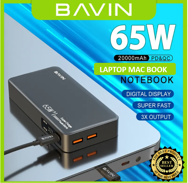 BAVIN Laptop 20000mAh Powerbank Fast Charging 65W High Speed QC + PD QUICK CHARGE POWER DELIVERY