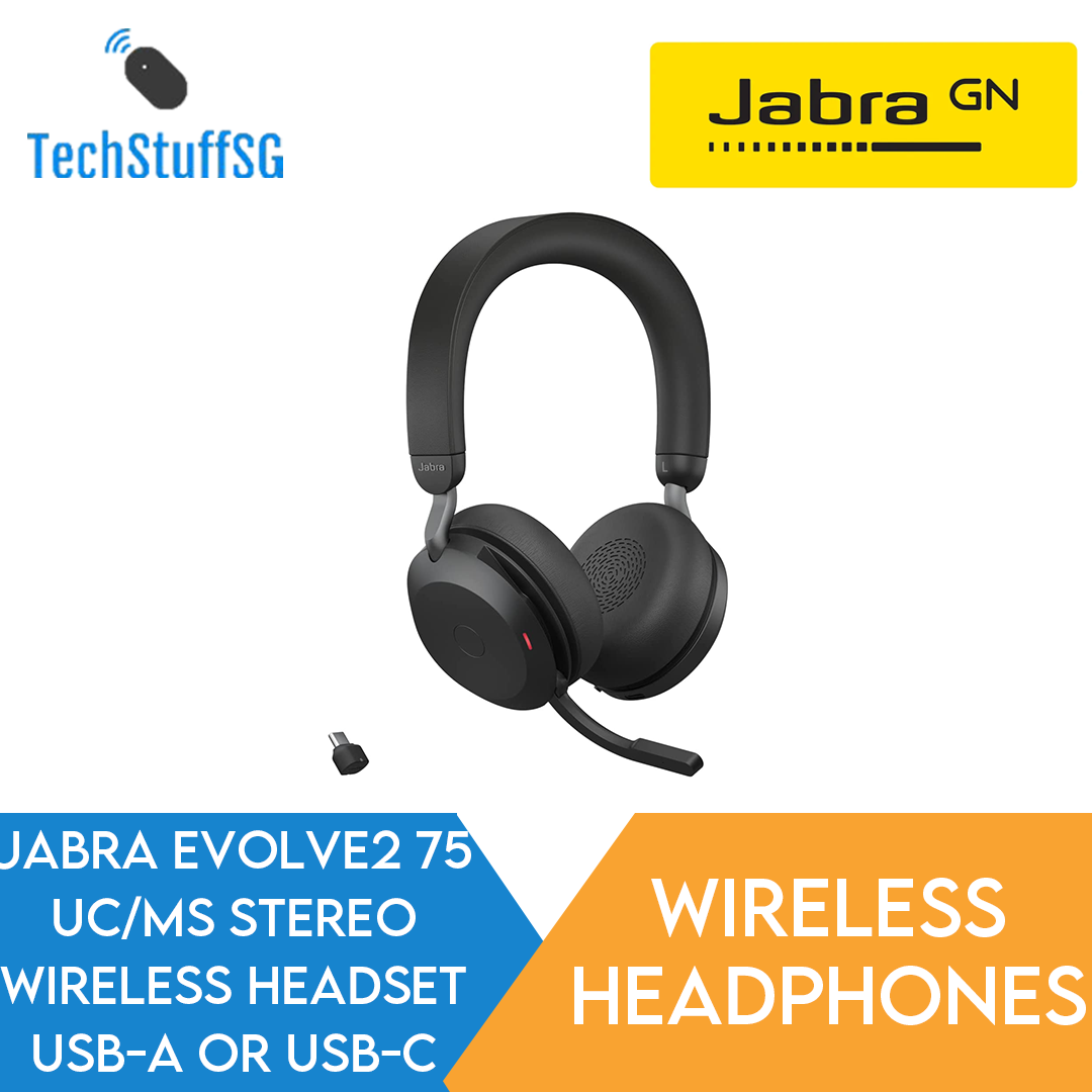 Jabra Evolve2 75 UC/MS Stereo ANC On Ear Headset USB-A/USB-C with Link 380 BT Adapter (Black) for MS Teams/Zoom