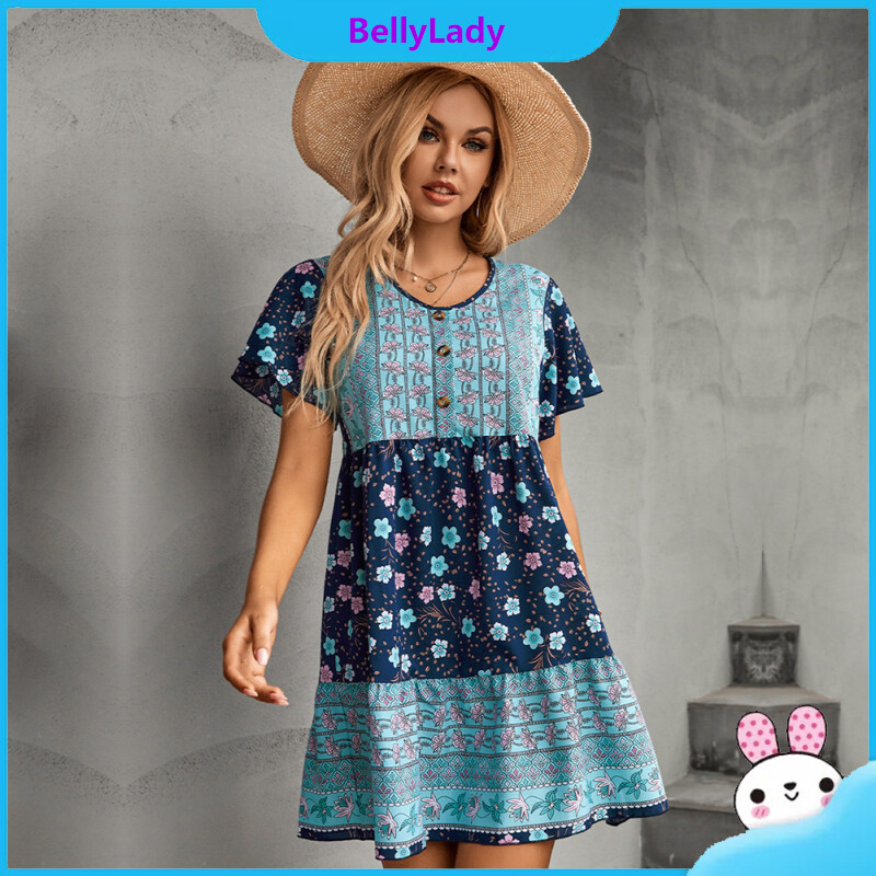 Summer Women Floral Printing Short Skirt Round Neck Short Sleeves Pullover A-line Skirt Loose High Waist Dress