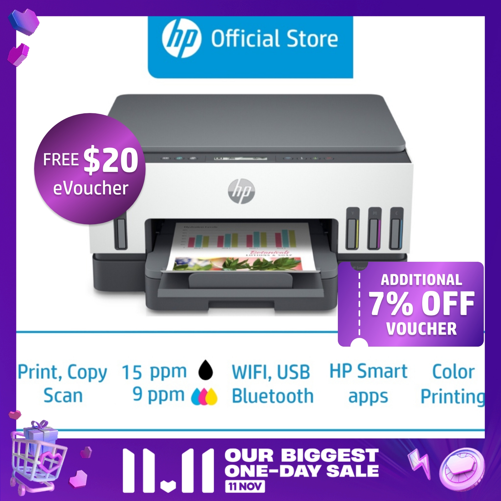HP Smart Tank 720 Wireless All-in-One Color Inkjet Printer / Print, Copy, Scan / Two-Sided / Duplex / One Year Warranty