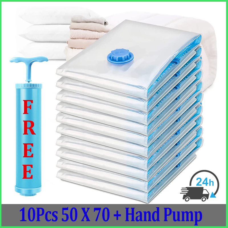 [FREE PUMP] 10Pcs Set Vacuum Storage Bag Travel Compression Bags 40X50/70X100 Large Sealer Packing Compression Bags/ Reusable Travel Vaccum Bag Compression Bag