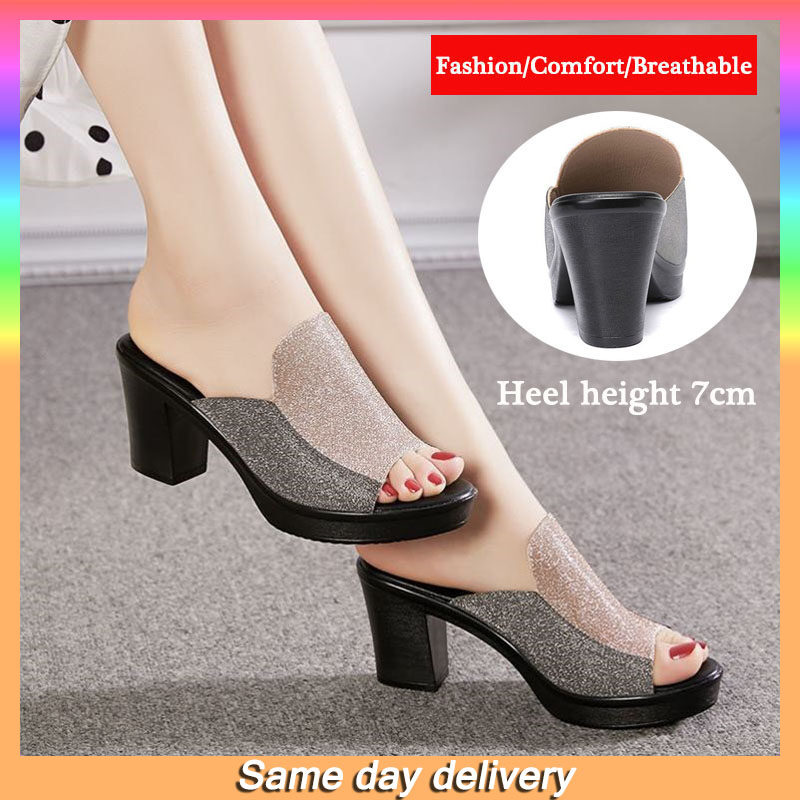 Thick Heel Versatile Fashion Slip Resistant One Line Slippers Women's High Heel Sandals
