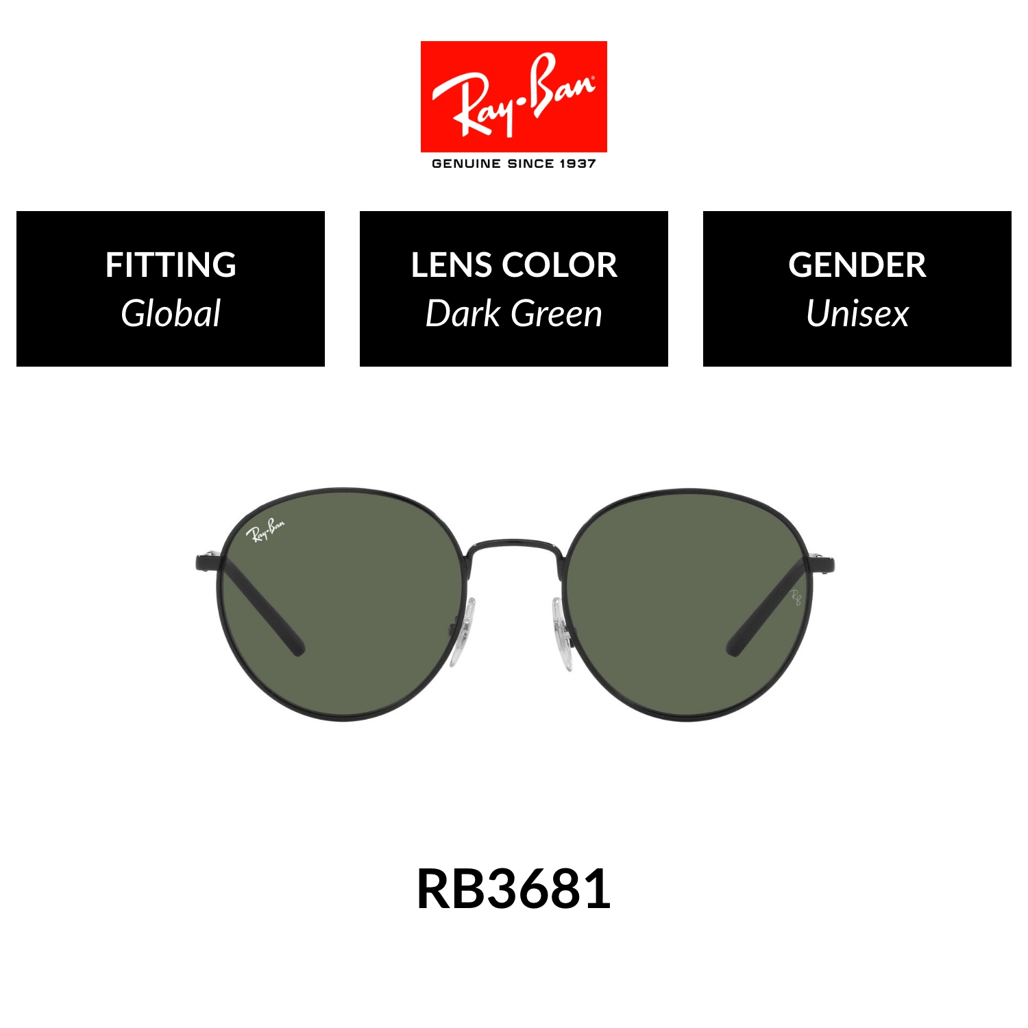 Ray-Ban CORE RB3681 002/71  Unisex Global Fitting Sunglasses Size 50mm