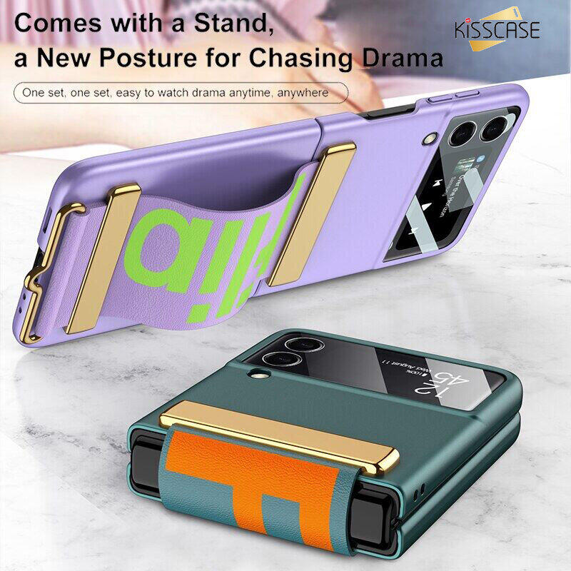 KISSCASE For Samsung Galaxy Z Flip 4 5G Flip3 Phone Case 2 In 1 With Lens Camera Tempered Glass Protection Film Strap Wristband PC Back Cover Case for Samsung Galaxy Z Flip 4 Flip3 5G