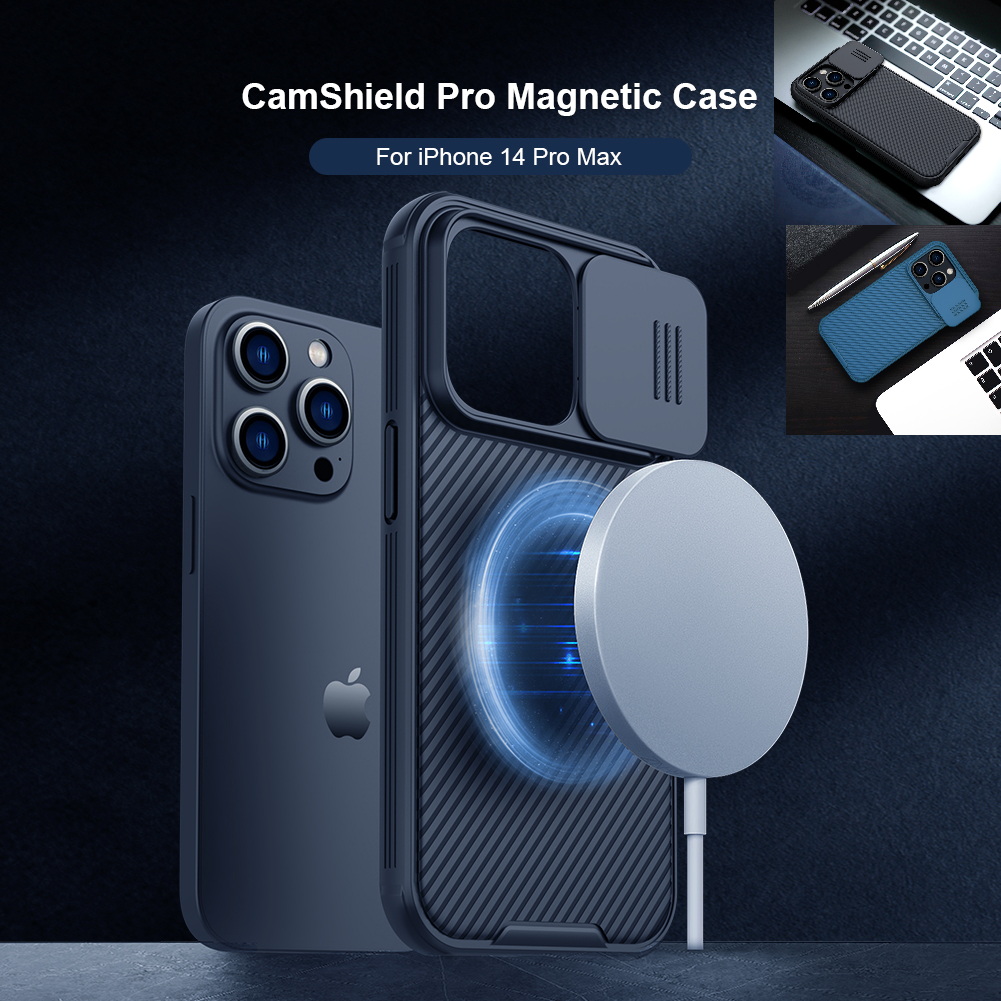 Apple iPhone 14 / Pro / Max / Plus / 6.7 / 6.1 / + - Magnetic Camshied Pro Case - Full Coverage Casing Case Shock Resistant Impact Corner Bumper Matte Texture Camera Protection Sliding Lense Non Slip 