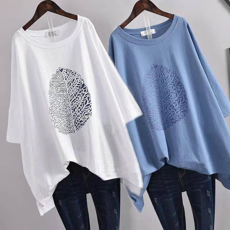 PKOGF Plus Size Women T-shirt Casual Loose Oversize Tops Slim Fit Fashion Print Pattern T-shirt（40-100KG）
