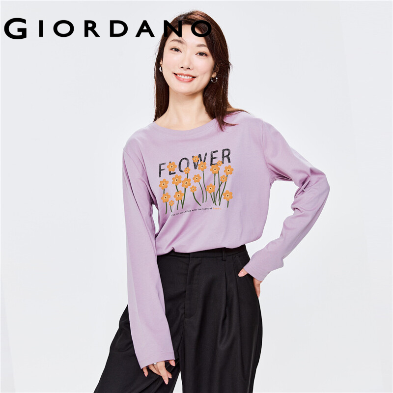 GIORDANO Women Huaxiansheng Series T-Shirts Crewneck 100% Cotton Casual T-Shirts Long Sleeve Crewneck Print Simple Tee 99392098
