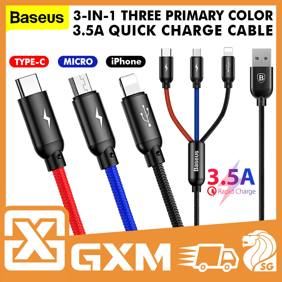 Baseus Three Primary Color 3 in 1 3.5A Fast Charging Cable IOS Android USB C Micro USB Lightning Charging Cable 0.3m