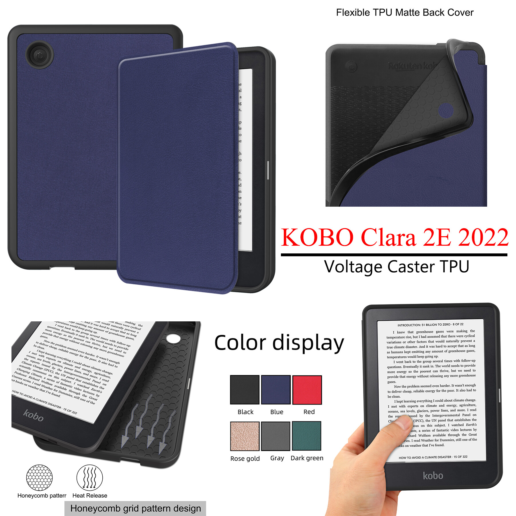 Solid Color Cover For KOBO Clara 2E 2022 Case Flexible TPU Matte Back Cover Slim Lightweight Flip Case 6.0 inch Auto Sleep Wake Function KOBO Clara 2 E
