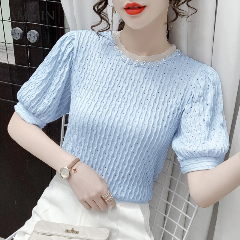AMMIN Korean Puff Sleeve Chiffon Shirt Women's Summer New Lace Short Sleeve Top Casual Blouse
