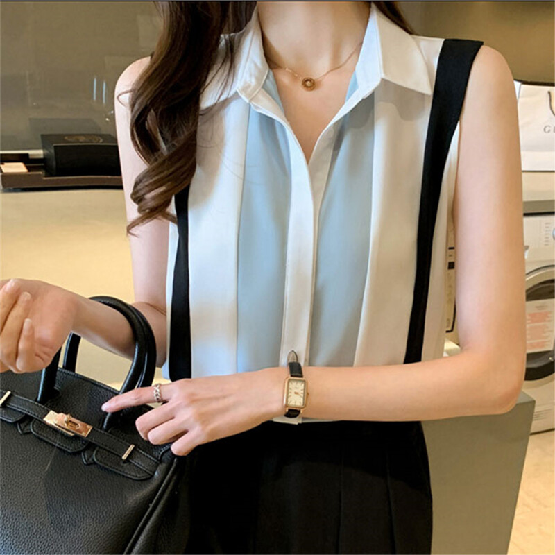 Sleeveless Shirt for Women Plus Size Chiffon Blouse Polo Collar Office Ladies Tops Summer Shirts