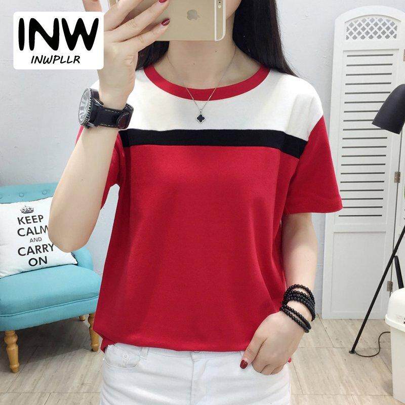INWPLLR Women's Fashion T-Shirts Casual Korean-style Tops Tees Summer Short Sleeve Tshirt Female Patchwork T-shirt Plus Size