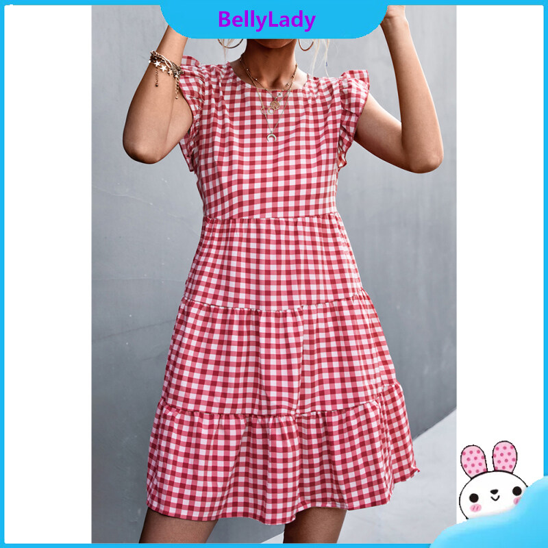 Women Plaid Printing Ruffled Short Skirt Round Neck Flutter Sleeves A-line Skirt Sleeveless High Waist Dress