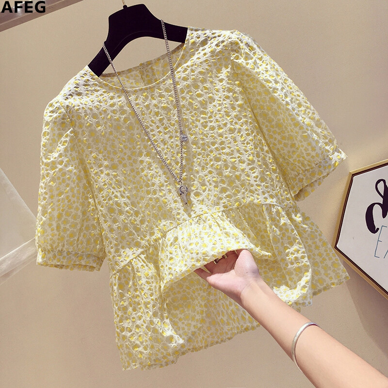AFEG new Korean round neck fashion all-match polka dot short-sleeved blouse for women