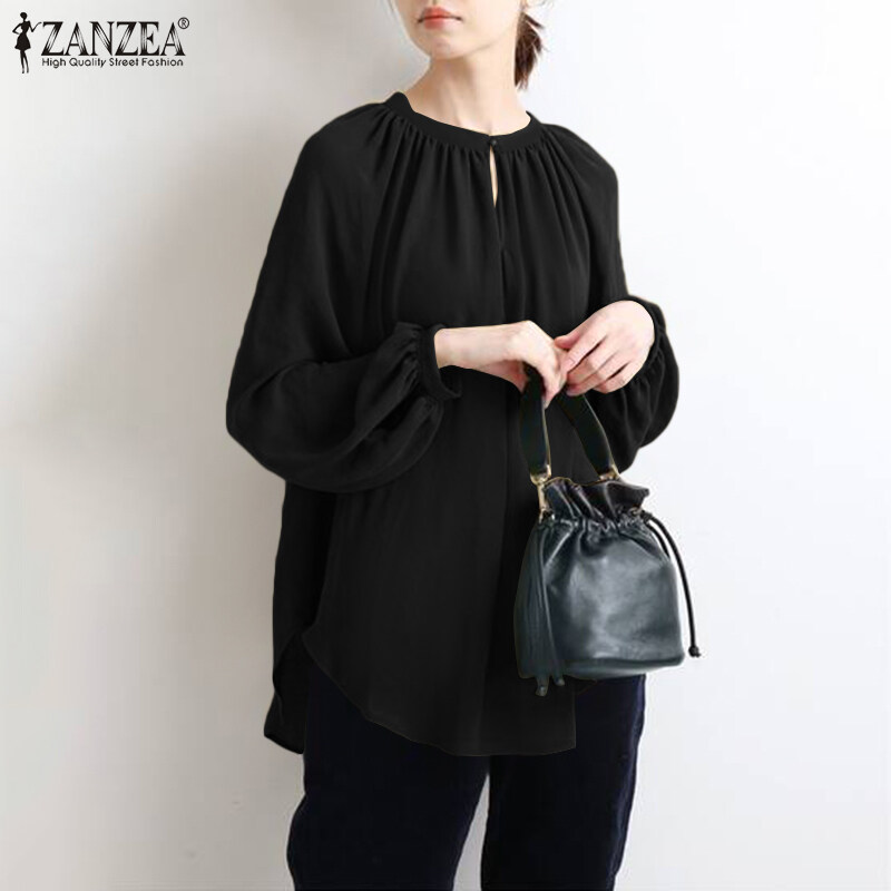 ZANZEA Womens Puff Sleeve Elastic Cuff High Low Top Casual Loose Shirt Blouse Plus Size