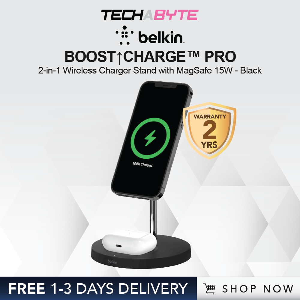 Belkin BOOST↑CHARGE PRO | 2-in-1 Wireless Charger Stand with MagSafe 15W - Black