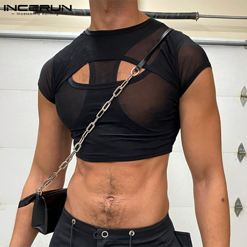 (Western Mesh Style) INCERUN Mens Gothic Punk Short Sleeve Hollow Out Crop Top Fit Party Stage Costume