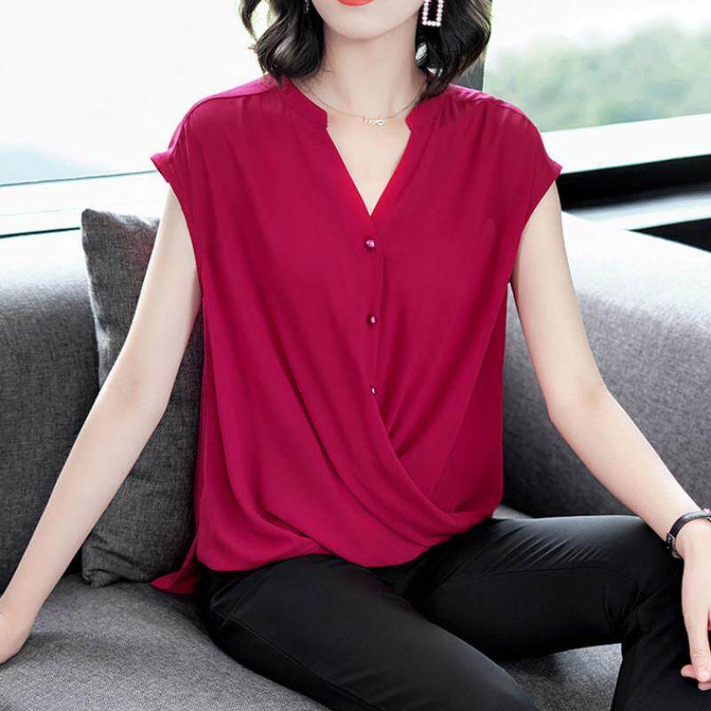 Blouse for Women Elegant Solid Loose Short Sleeve V-Neck Chiffon Tee Shirt Summer Clothes Office Ladies Plus Size Casual NEW Fashion Tops