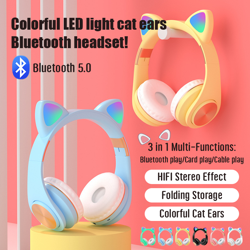 New head-mounted cat ear colorful LED flash cat paw gift box head-mounted Bluetooth headset can be stretched