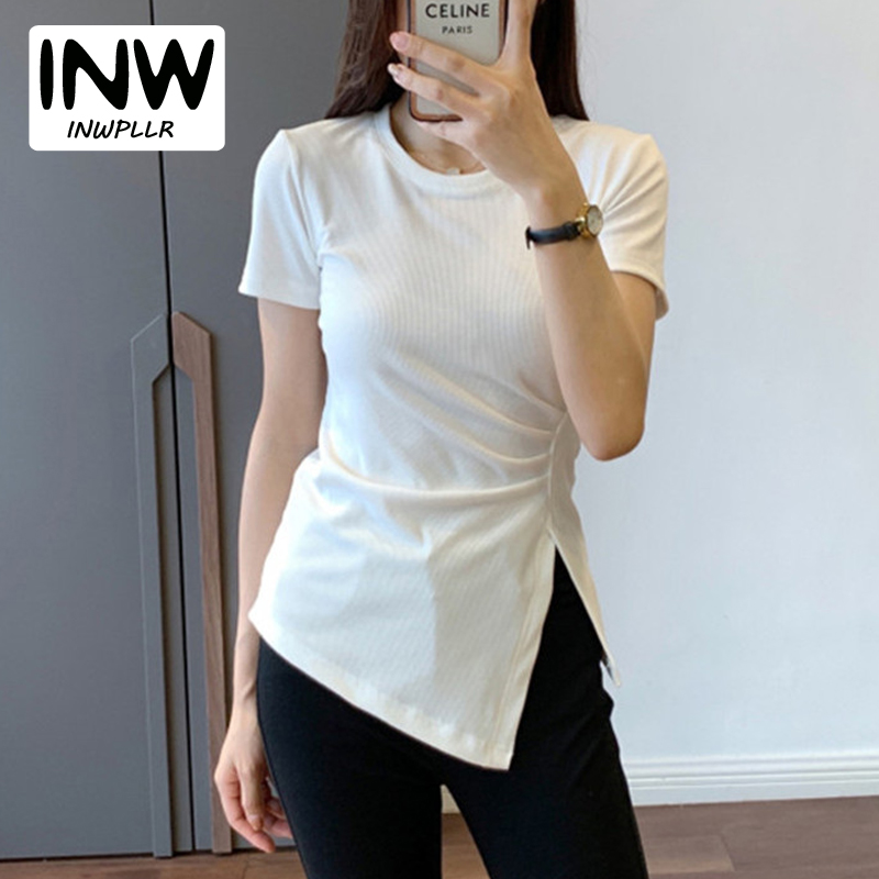 INWPLLR Summer All-match Tops For Women Irregular Solid Color T-shirts Fashion Thin Short Sleeve Female Tshirt