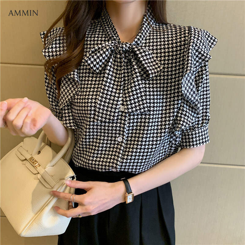 AMMIN New Korean version of the V-neck bowknot printed short-sleeved chiffon shirt temperament ruffle stitching all-match loose plaid blouse top