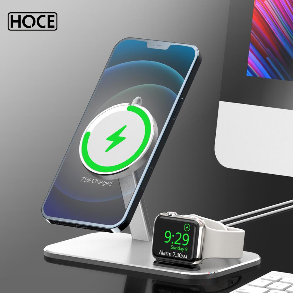 HOCE 2 in 1 MagSafe Phone Charger Holder Magnetic Desktop Wireless Charger Stand For iPhone 12 13 Pro Max iWatch Aluminum Fast Charger Support