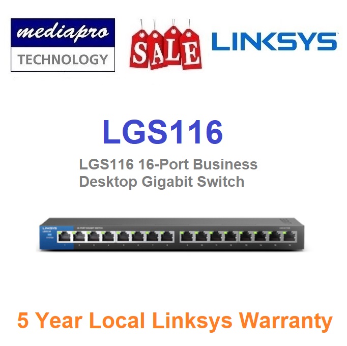 Linksys LGS116 16-Port Business Desktop Gigabit Switch with QoS, Wall Mount - 5 Year Local Linksys Warranty