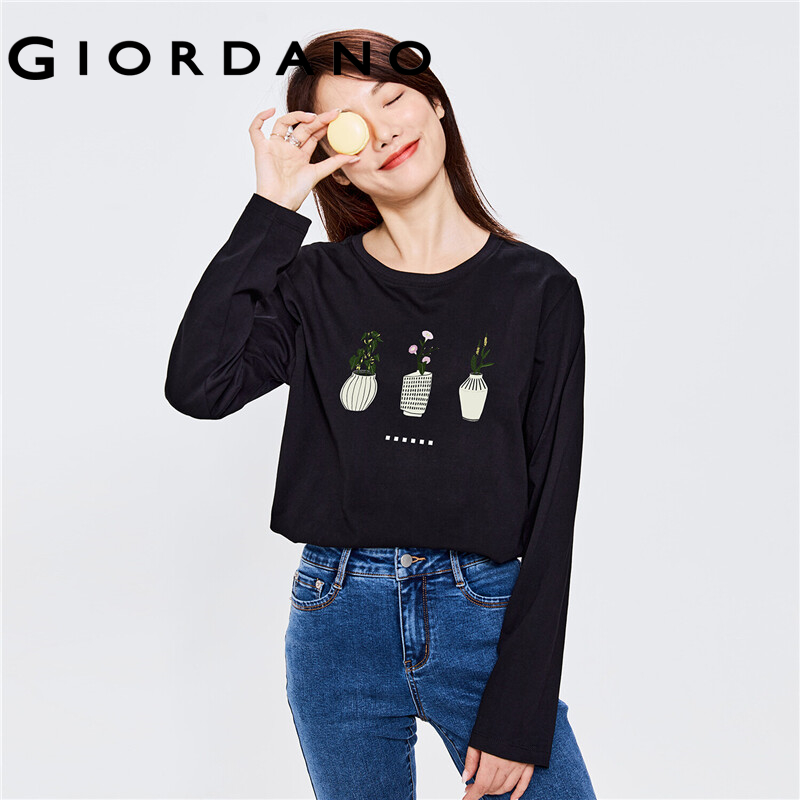 GIORDANO Women ARTAND Series T-Shirts Spring Fall Long Sleeve Print T-Shirts Quality 100% Cotton Casual Simple Tee 99392099