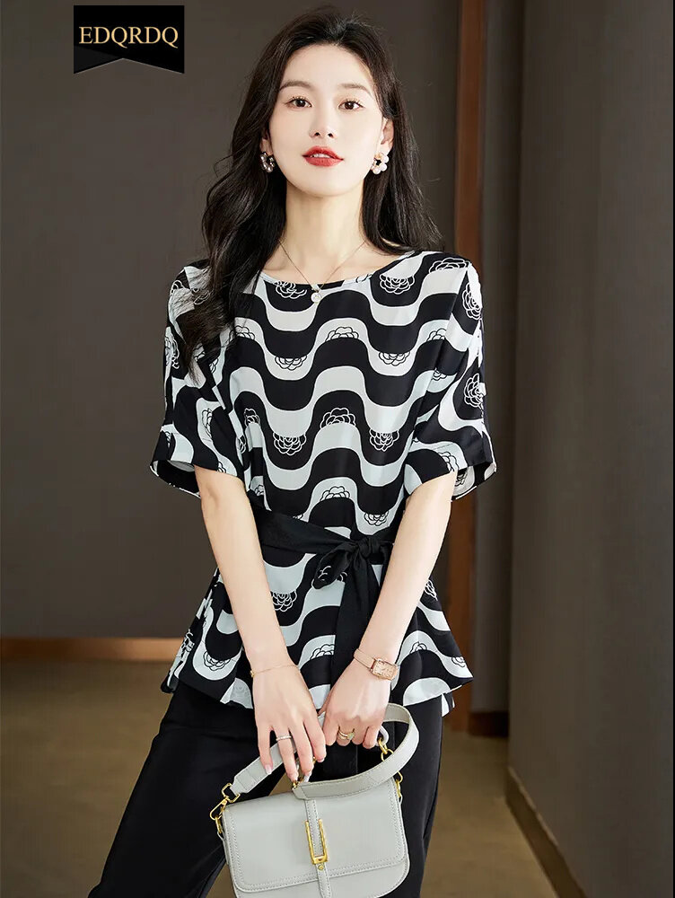 EDQRDQ Women's Boat Neck Striped Short Sleeve Peplum Tie Front Knot Casual Loose Blouse