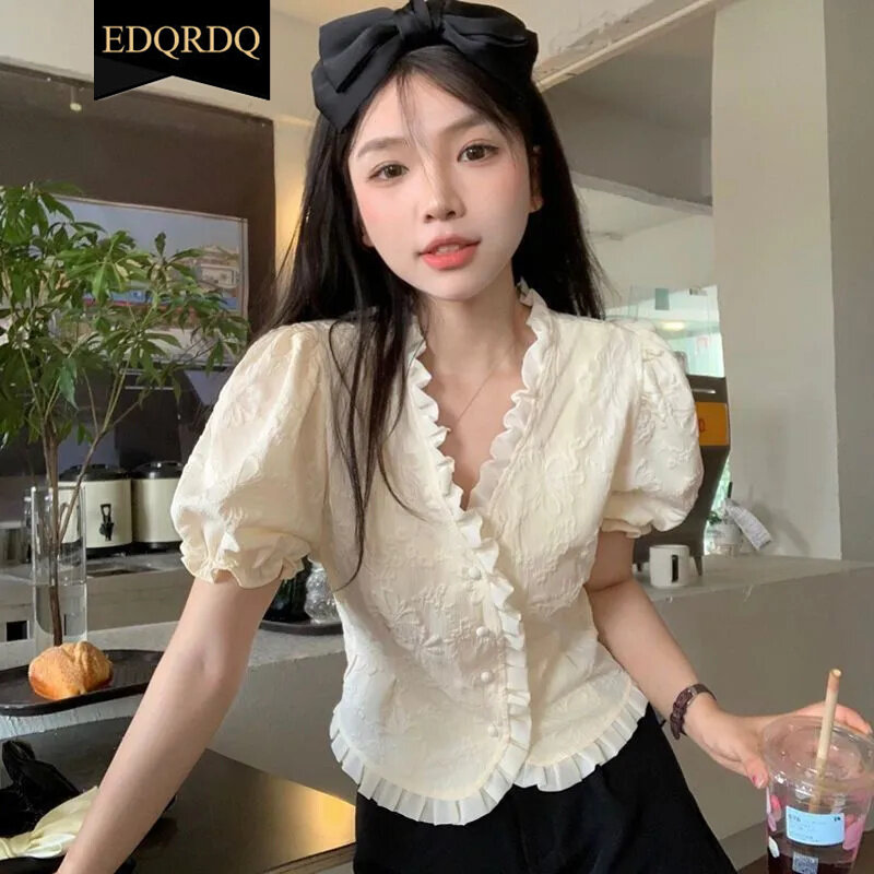 EDQRDQ Women Victorian Puff Sleeve Tops Vintage Ruffled Button Down Blouse