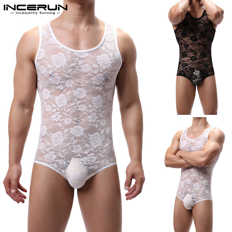 Beehoo INCERUN Men Mesh Sheer Bodysuit Playsuits Vests Gym Tank Panties Romper Underwear Shorts