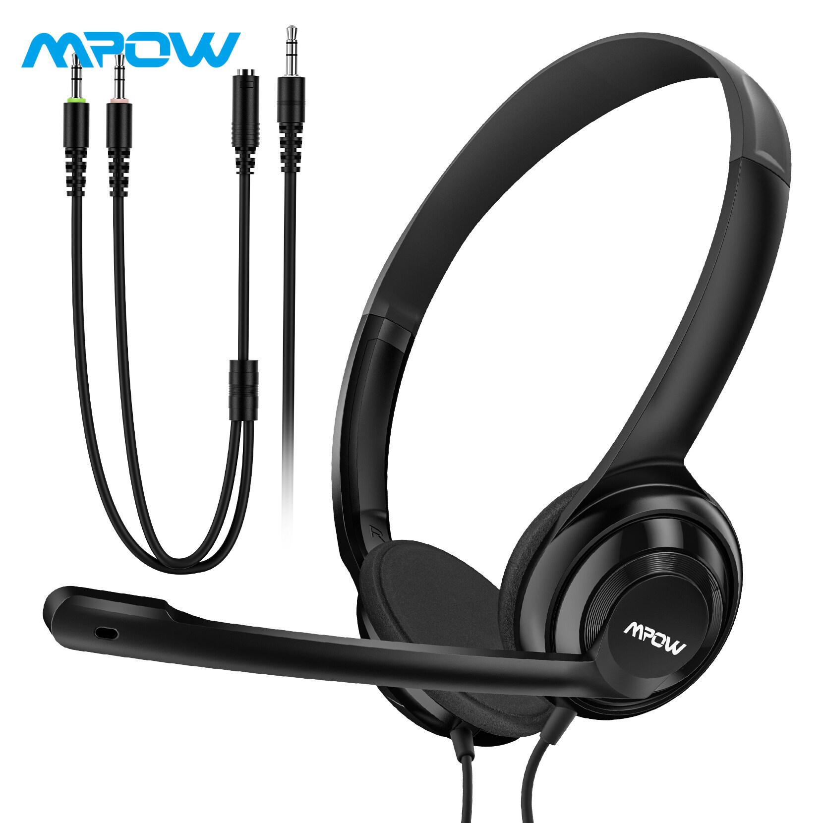 Mpow HC9 Wired Computer Headset, Lightweight Office On-ear Headphones with Microphone, 3.5mm Jack/1-in-2 Adapter Call Center Headset with Stereo Sound, Comfort-fit Earpad for Classes, Skype, Webinar