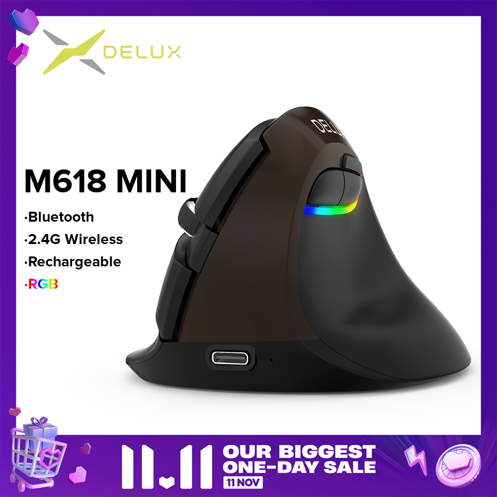 【11 11 Sales】Delux M618 Mini 4.0 2.4GHz dual model Wireless Vertical Mouse 4 Gear DPI RGB Ergonomic Rechargeable Silent click Mice for Office dard golden