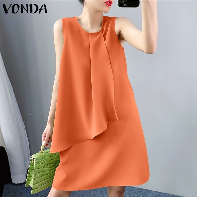 VONDA Women Summer Sleeveless Party Midi Dresses Casual Holiday Plain Tank Dress (Korean Causal)