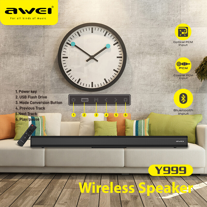 Awei Y999 Wireless Bluetooth Soundbar Speaker Portable home theater TV Wired Speaker Surround SoundBar Stereo HiFi Bluetooth 5.0 Elegant metal shell Speakers with 6D HD Sound Waterproof Bluetooth Spea