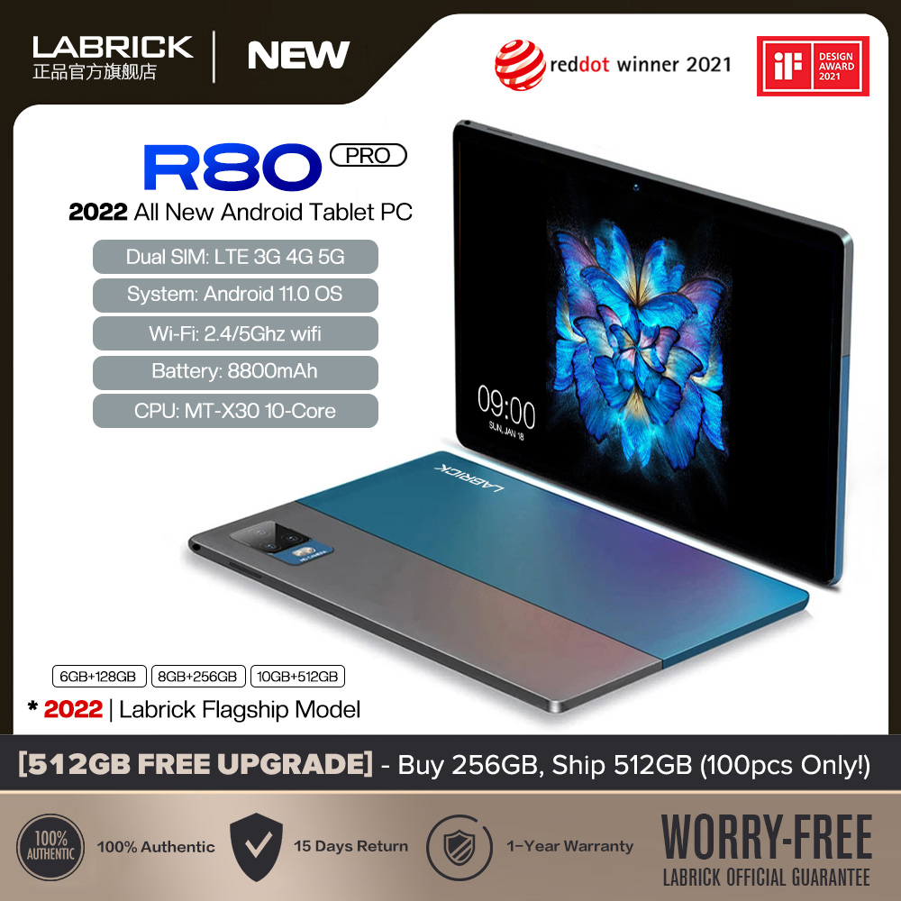 【2022 TOP3】LABRICK R80 Pro Tablet PC 10.1 Inches Android 11 8800mAh 4GB Dual SIM 5G WiFi Gaming Online Classroom Meeting for Students 10GB RAM 128GB 256GB 512GB ROM