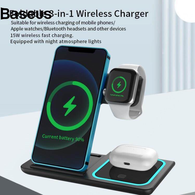 Baseus X455 Foldable 3-in-1 15W Wireless Charger Desktop Qi Fast Charging Stand Dock for iPhone Android iWatch AirPods