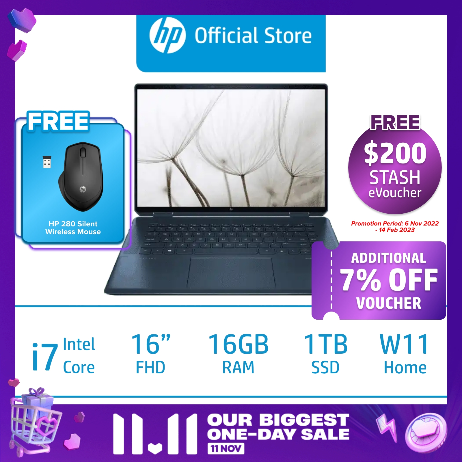 HP Spectre x360 2-in-1 Laptop 16-f0000TX / 11th Gen Intel i7-11390H / NVIDIA GeForce RTX 3050 / 16GB RAM / 1TB SSD / Windows 11 / 2 Years Onsite Warranty / 2 Years ADP